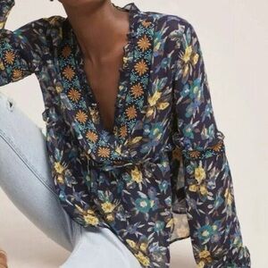 Anthropologie Boho Floral Sheer Blouse Navy Yellow Embroidered Peasant Top Sz M
